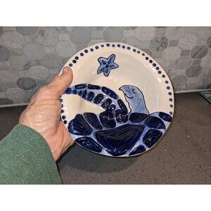 Blue Sky Sea Turtle Bowl 7.25" Embossed Nautical Ocean Ceramic Dish